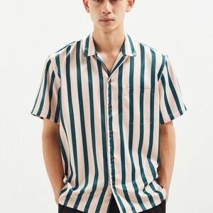 Urban Outfitters Green and Cream Striped Button-Down Shirt s